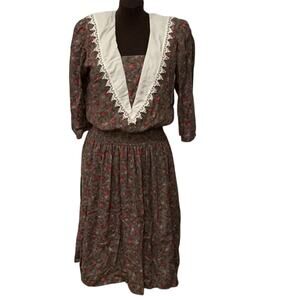 Dawn Joy 80s Vintage Taupe Red Lace Floral Chelsea Sailor Collar Dress Size L